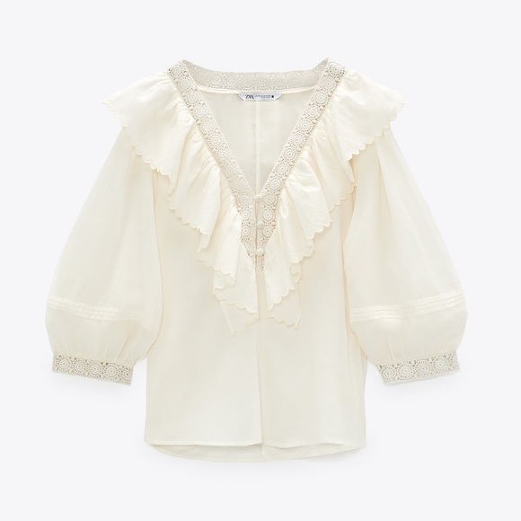 ZARA - Embroidered Ruffle Collared Long Sleeve Blouse in Ivory (NWT) - Size : S - Picture 6 of 14